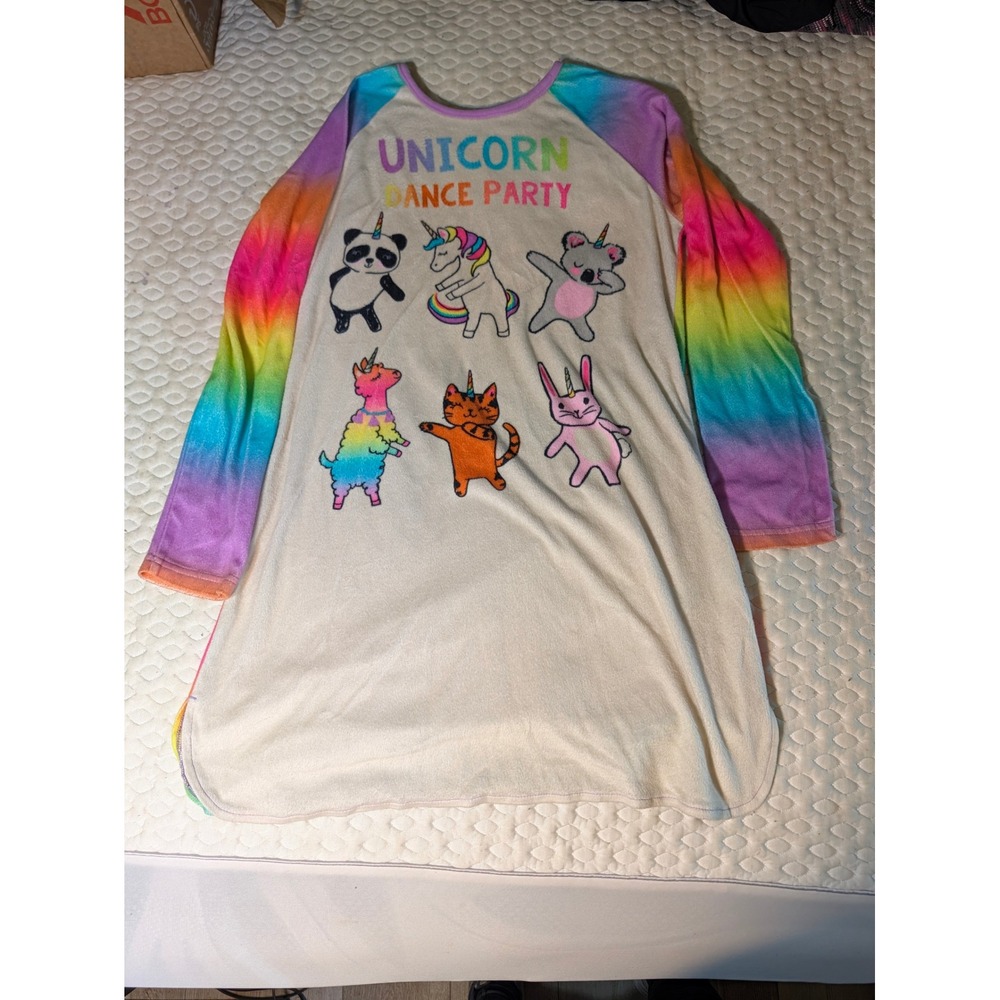 Wonder Nation Girls Rainbow Unicorn Dance Party Fleece Nightgown XL 14-16